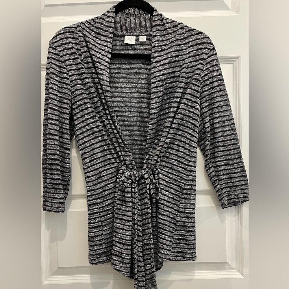 NY&CO Striped Black & Gray Women's drawstring tie cardigan